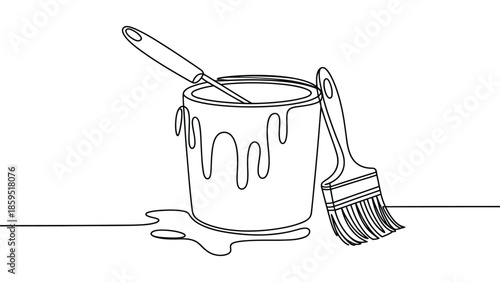 Minimal paint can with dripping paint and brush beside line art illustration isolated on white background for renovation, diy and home improvement concepts