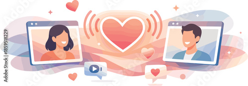 Virtual Romance Scene. Abstract digital romance composition built from floating screens, heart-shaped signals, and gentle light