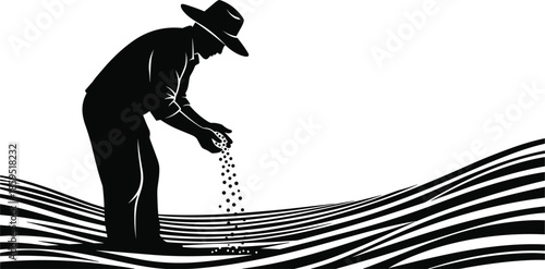 Farmer sowing seeds silhouette vector, agricultural labor illustration, cultivation and growth concept, farmland clipart, food production artwork, rural scene design