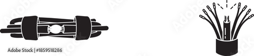 A minimalist black and white illustration depicts a cable connector and a frayed end of multiple wires
