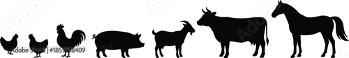 Farm animals silhouettes vector illustration featuring chicken, rooster, pig, goat, cow, horse livestock icons for agriculture, rural farming design