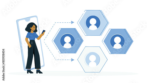 Flat illustration of a female character engaging with social media and online community network on her mobile phone with hexagons and people