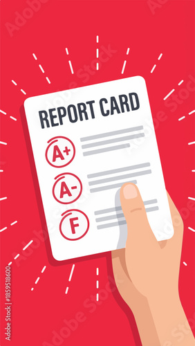 Vector illustration of a hand holding a school report card with various grades
