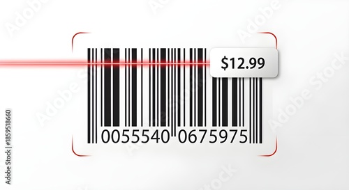 Barcode Iconography. Line style icons of barcode system: barcode label, QR code icon, scan item, digital tag. scanner light, UPC