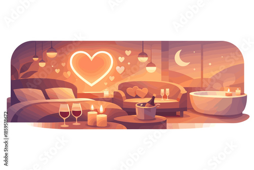 Romantic Suite Glow. Abstract romantic suite scene built from glowing forms, heart accents, and flowing warm light to evoke