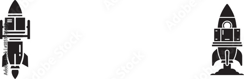 Two minimalist black silhouettes of rockets are presented against a stark white background showcasing a futuristic design