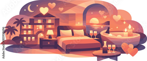 Romantic Hotel Ambiance. Abstract romantic hotel scene built from glowing shapes, heart accents, and flowing warm light to evoke