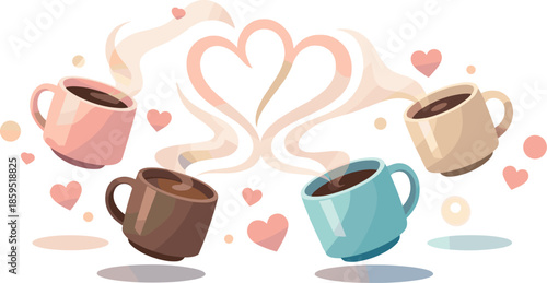 Coffee Love Scene. Abstract coffee romance scene built from floating mugs, heart steam trails, and glowing warm highlights, modern
