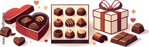 Romantic Chocolate Gift. Abstract romantic gift scene built from chocolate pieces, box outlines, and gentle glowing accents,