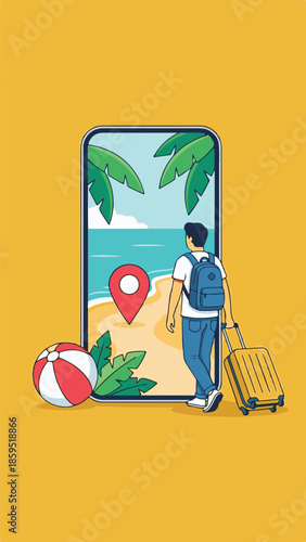 Digital travel concept with person entering a tropical beach scene on a smartphone