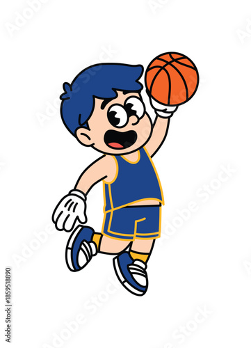 A cheerful cartoon boy in a blue basketball uniform jumps high in the air, holding a basketball, ready to score. Basketball Player Character Clipart.