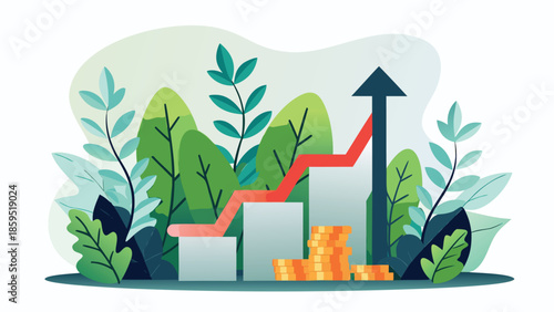 Flat illustration of a financial growth roadmap with coins and upward arrow in green plants