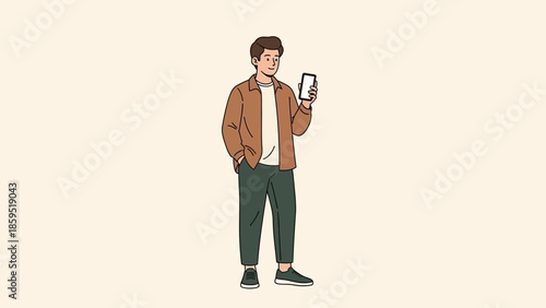 Young man standing casually while looking at his smartphone in a minimalistic setting