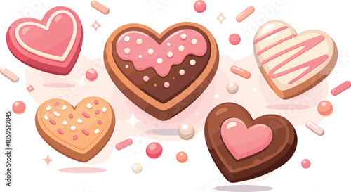 Floating Heart Cookies. Abstract sweet romance scene built from floating heart cookies, decorative sprinkles, and glowing