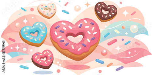 Donut Heart Romance. Abstract sweet romance scene built from floating heart donuts, sprinkles, and glowing decorative accents,