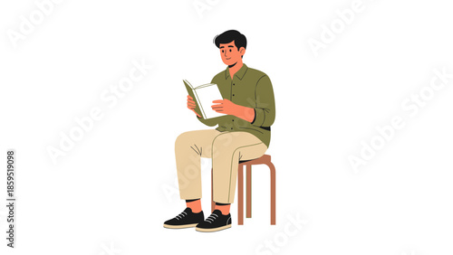 Young man sitting on a wooden chair reading a book with a focused expression