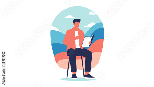 Young man sitting outdoors on a chair with a notebook and tablet in hand with mountain scenery