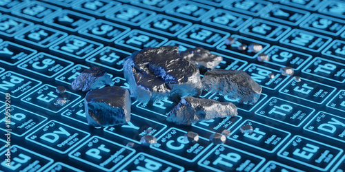 Fotografija Rare Earth Elements on Glowing Periodic Table 3D Render