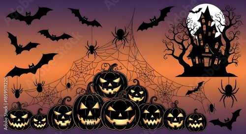Halloween silhouette set, haunted house graveyard witch bat wolf tree, spooky clipart illustration, scary pumpkin scarecrow vector, spooky night design