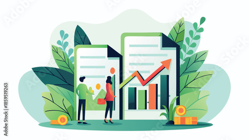 Flat illustration of a financial planning scene with a man and woman analyzing graphs and charts surrounded by green leaves and coins