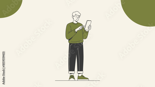Young man standing and looking at a smartphone in a minimalistic illustration with a neutral