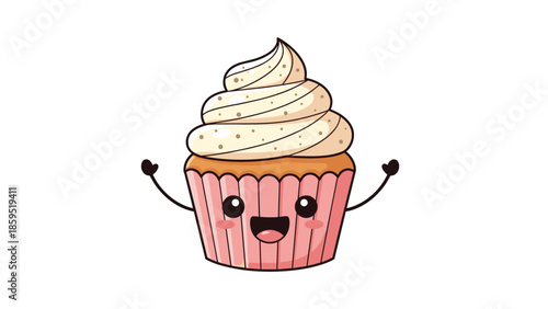 Adorable kawaii cartoon cupcake character with vanilla frosting and sprinkles, waving its arms cheerfully with a happy smiling face on a white background.