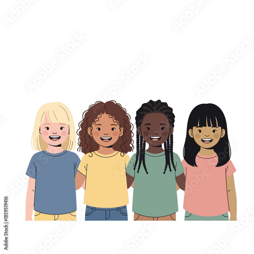 Diverse group of smiling young girls standing together, representing childhood friendship and unity, with a clean white background