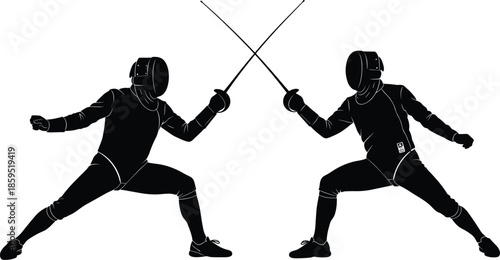 Fencing silhouette vector, duel sport illustration, sword fight clipart, athletic combat pose, professional fencers, Olympic fencing gear, dynamic action art