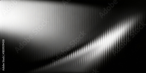 Abstract vertical ribbed texture seamless background with uniform corrugated surface, sweeping curved light edges, high-contrast grayscale palette, minimalist cinematic design with sharp highlights an