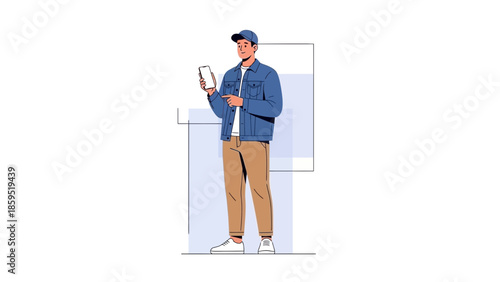 young man standing and looking at his phone in casual outfit with light colors and relaxed posture