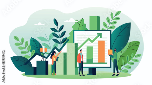 Flat illustration of people analyzing growing graph on screen with plants and bars around them representing eco friendly future focused