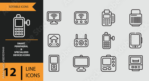 Smart, peripheral and specialized device line icons for modern technology and connectivity