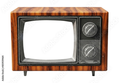 Hyper Realistic Vintage Television Set With Wooden Frame, Cut Out, Clipping Path, Isolated on a Transparent PNG Background.
