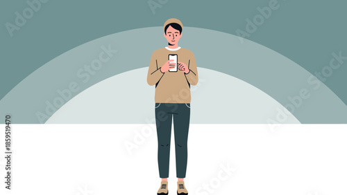 Young man standing and looking at his smartphone with a neutral background