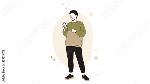 Young man standing and looking at his smartphone with a casual pose and relaxed attitude