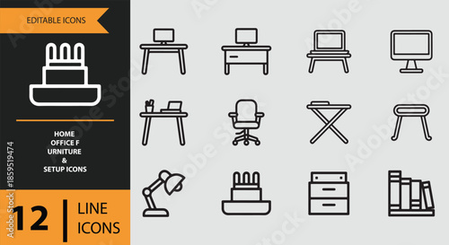 Modern home office furniture and setup line icons for workspace design and productivity