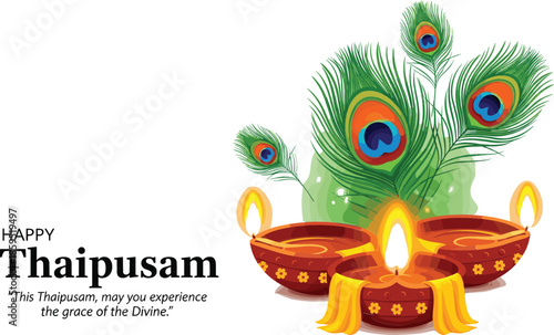 Thaipusam festival greeting vector featuring glowing clay oil lamps peacock feathers and spiritual divine grace blessing typography.
