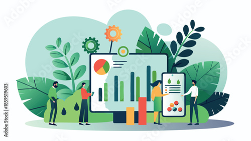 Flat illustration of people analyzing sustainable economy data on large screens surrounded by green leaves and plants