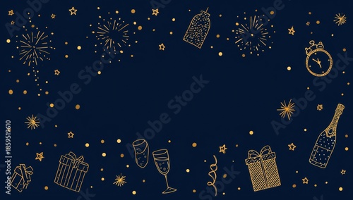 Navy Blue Background with Gold Party Elements: Fireworks, Champagne, Gifts, and Clocks for New Year Celebrations