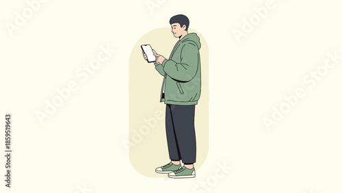 Young man standing and using a tablet device while dressed casually in a green hoodie and sneakers