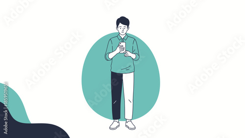 Young man standing and using mobile phone with a clean minimalistic background