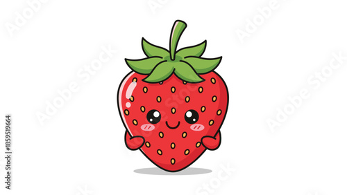 An adorable and shy kawaii cartoon strawberry character with a sweet smiling face and rosy cheeks, peeking out playfully on a white background.