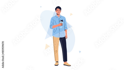 Young man standing and using smartphone with casual attire and modern background