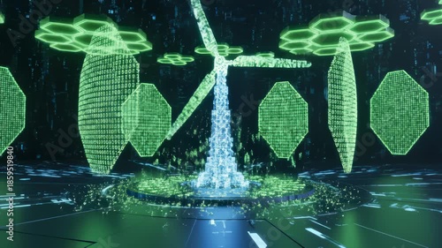 Digital Windmill Constructed From Binary Code in Green Sci-Fi Room