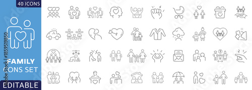 Family line icon set. Contain icons related to grandparents, children, parenthood, adoption, and more. Fully Editable . Vector illustration.
