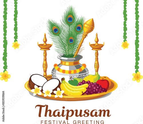 Thaipusam festival greeting vector illustration with ceremonial tray featuring peacock feathers golden oil lamps and traditional fruit offerings.