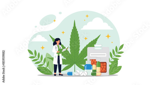 A female doctor reviews patient notes next to a large cannabis leaf and various medical marijuana products, representing therapeutic and medicinal use.