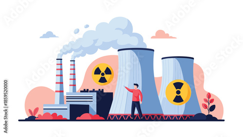 A man gestures towards a nuclear power plant with cooling towers and radiation symbols, representing atomic energy production and industrial technology.