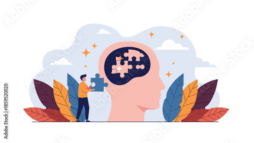 A person places the last piece of a jigsaw puzzle into a human head, symbolizing mental health, psychology, self-awareness, and problem-solving.