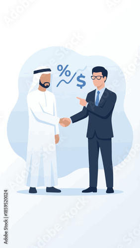 Middle Eastern and Western Businessmen Shaking Hands with Financial Graphics